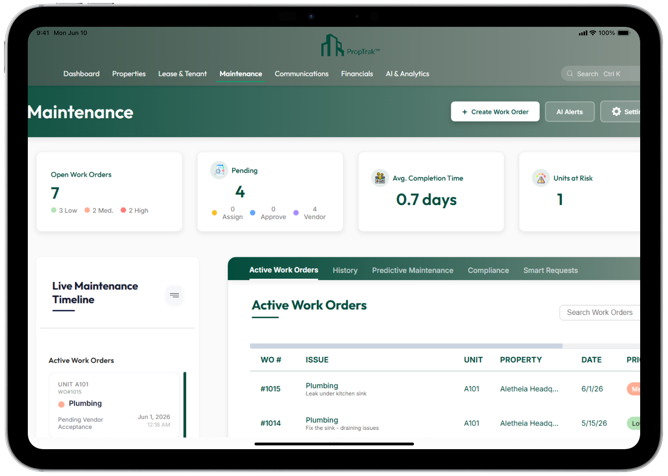PropTrak maintenance dashboard